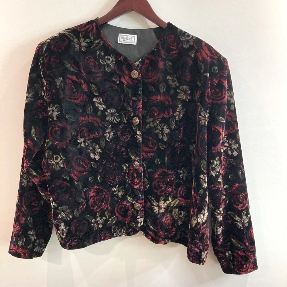 EATON EN PLUS Sz 24 Vintage Floral Velveteen Blazer Lined Jacket Blazer